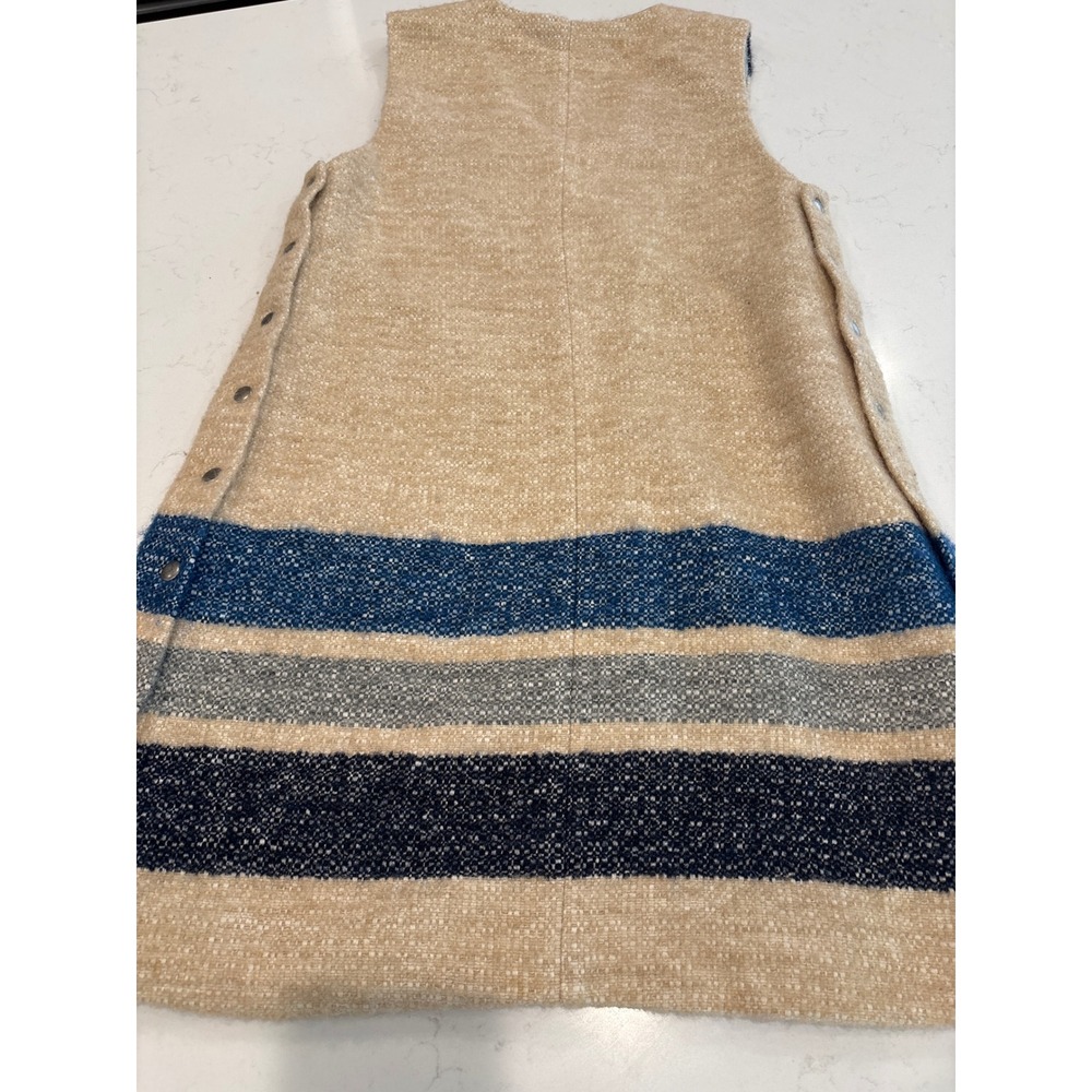 Sea New York Silk Wool Tweed Striped V-Neck Snap Side Shift Dress Oatmeal,Blue 6 - Picture 3 of 10